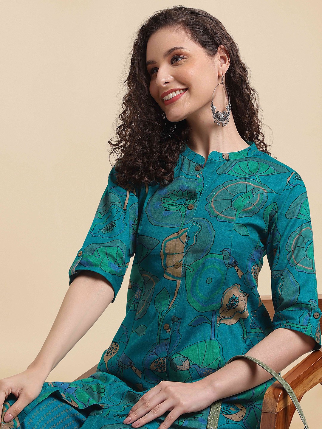 

MIRCHI FASHION Floral Printed Pure Cotton A Line Kurta With Palazzos, Turquoise blue