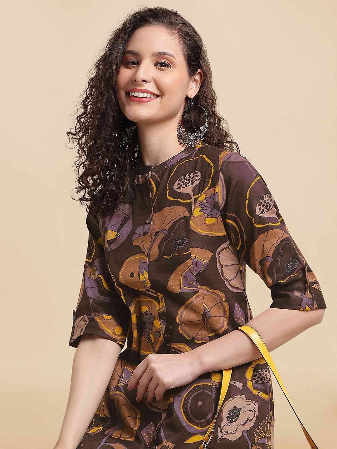 

KALINI Floral Printed Regular Pure Cotton Kurta with Palazzos, Coffee brown