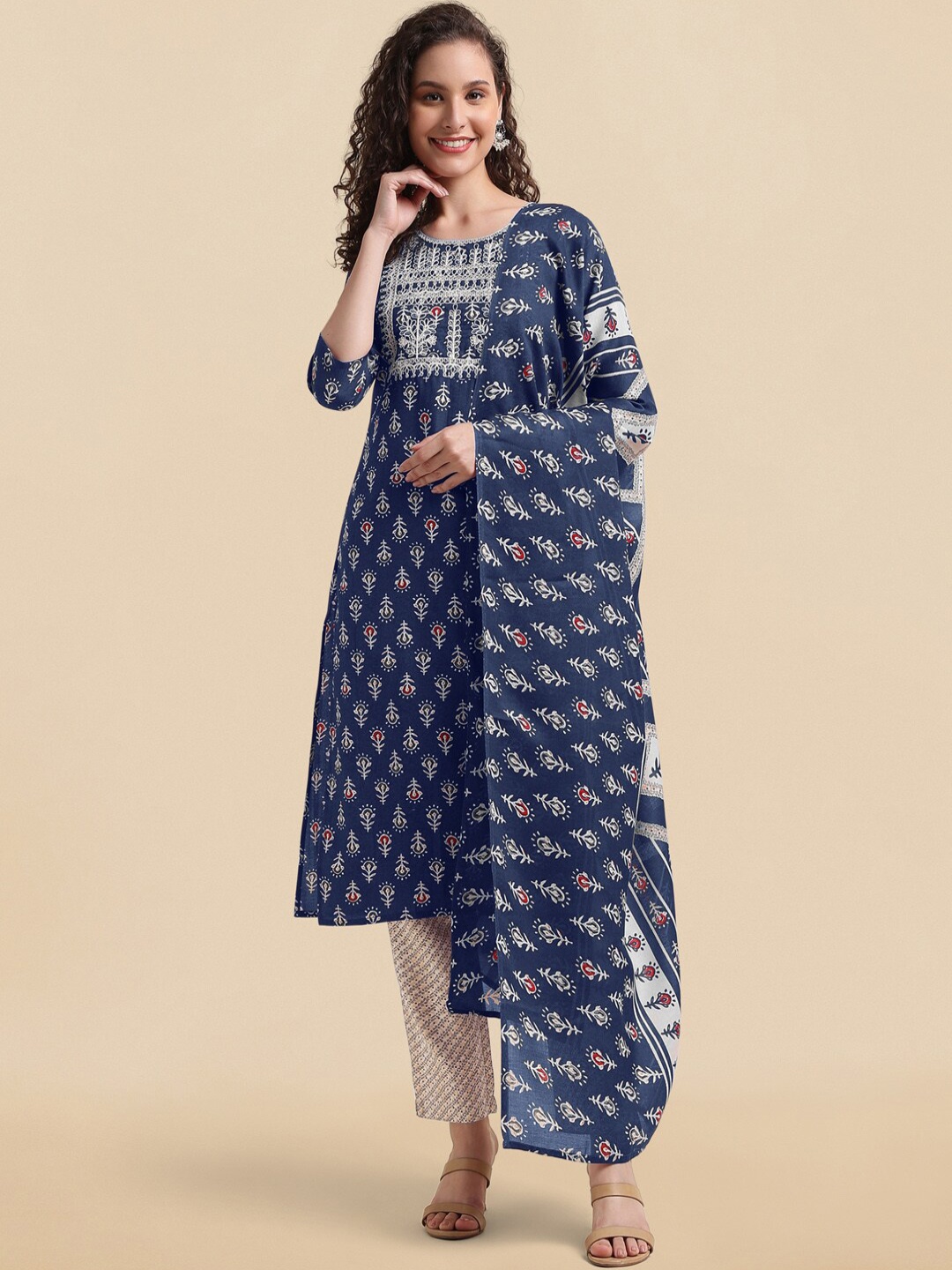 

KALINI Ethnic Motifs Embroidered Pure Cotton Kurta With Trousers & Dupatta, Blue