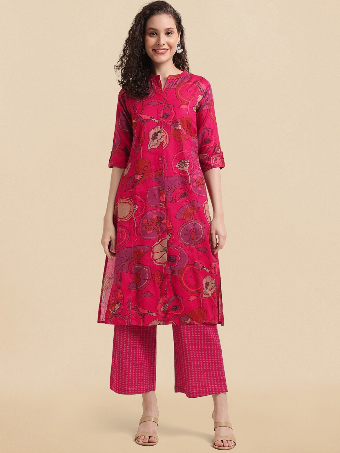 

KALINI Pink Floral Printed Mandarin Collar Pure Cotton Kurta With Palazzos