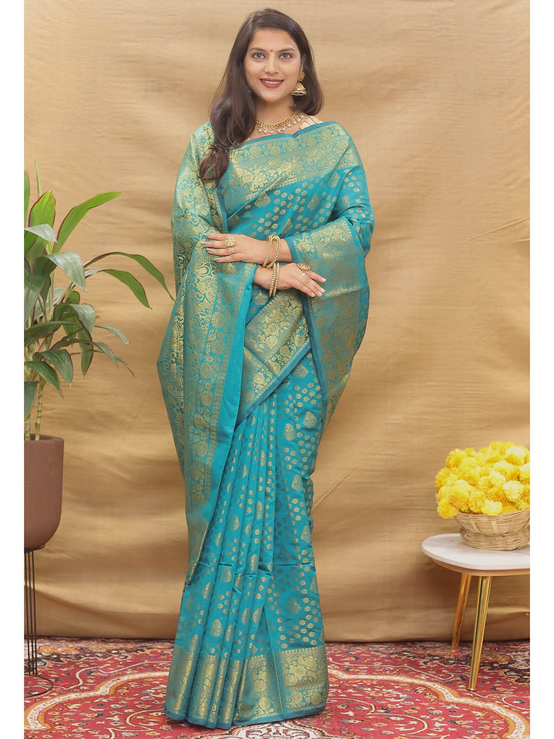 

Royal Rajgharana Saree Floral Woven Design Zari Banarasi Sarees, Turquoise blue