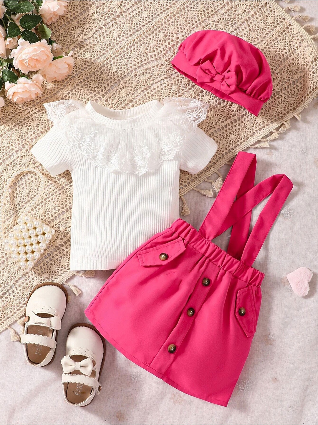 

BAESD Shoulder Straps Pinafore Dress With T-Shirt And Cap, Pink
