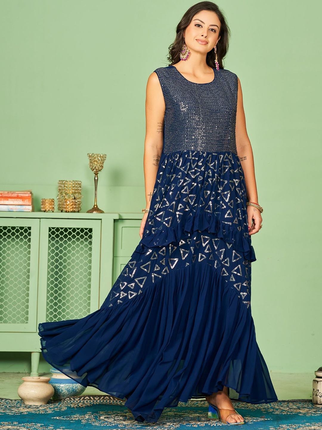 

KALINI Embellished Sequined Fit & Flare Maxi Ethnic Dresses, Navy blue