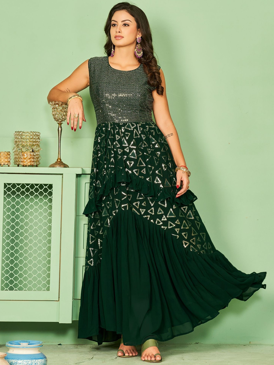 

KALINI Embellished Sequined Fit & Flare Maxi Ethnic Dresses, Green
