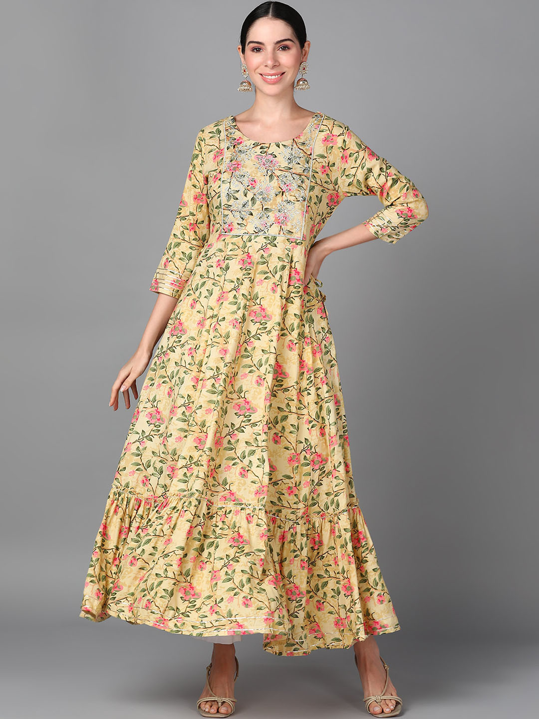 

KALINI Floral Printed Embroidered Detail Maxi Ethnic Dresses, Yellow