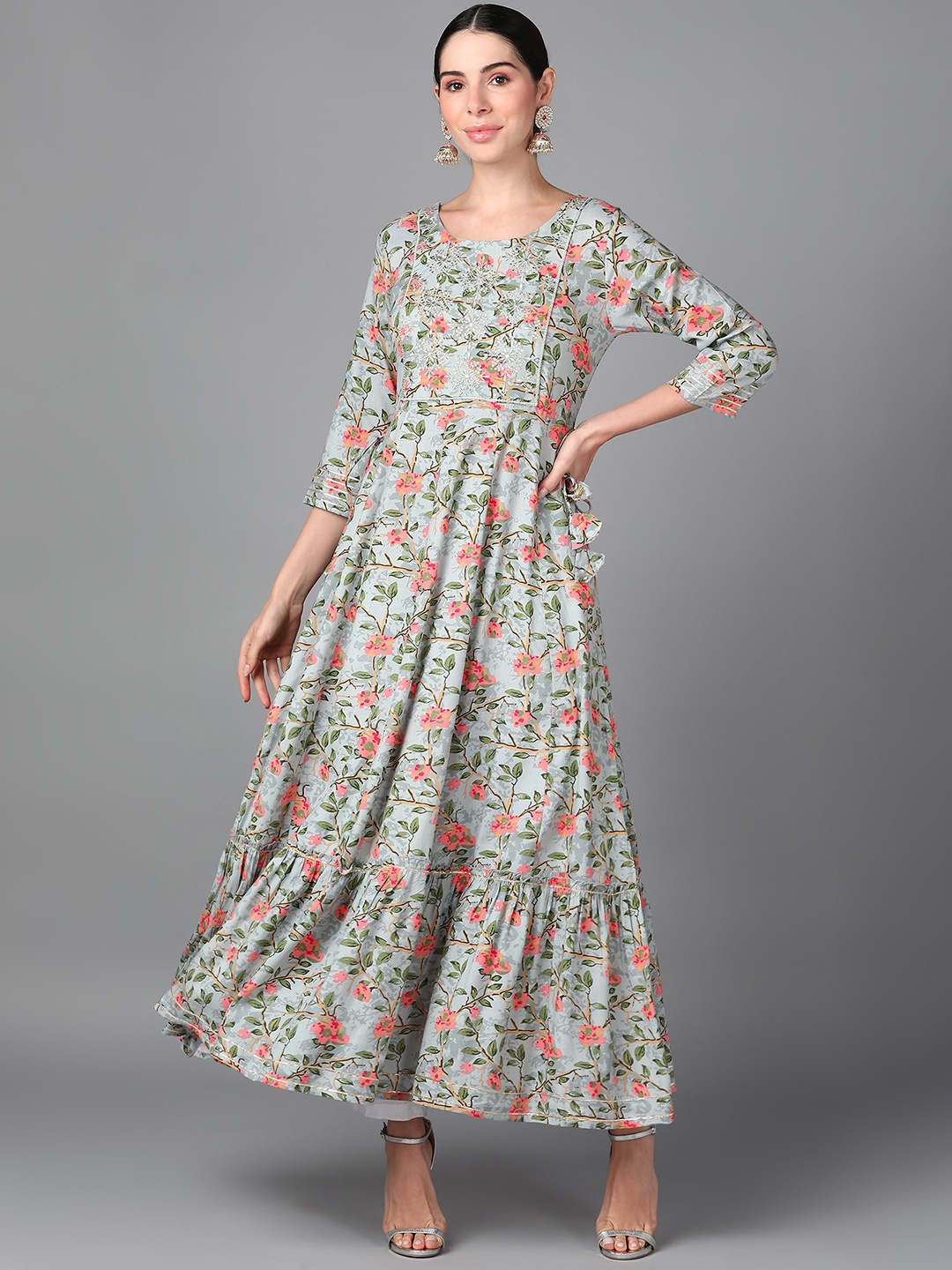 

KALINI Floral Printed Embroidered Detail Maxi Ethnic Dresses, Grey