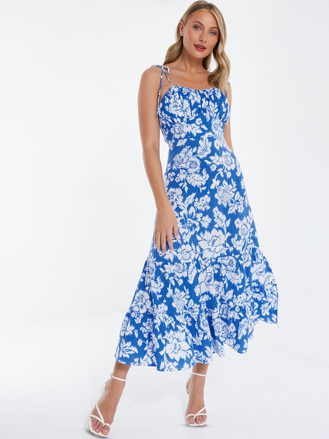 

QUIZ Floral Printed Shoulder Straps A-Line Midi Dress, Blue