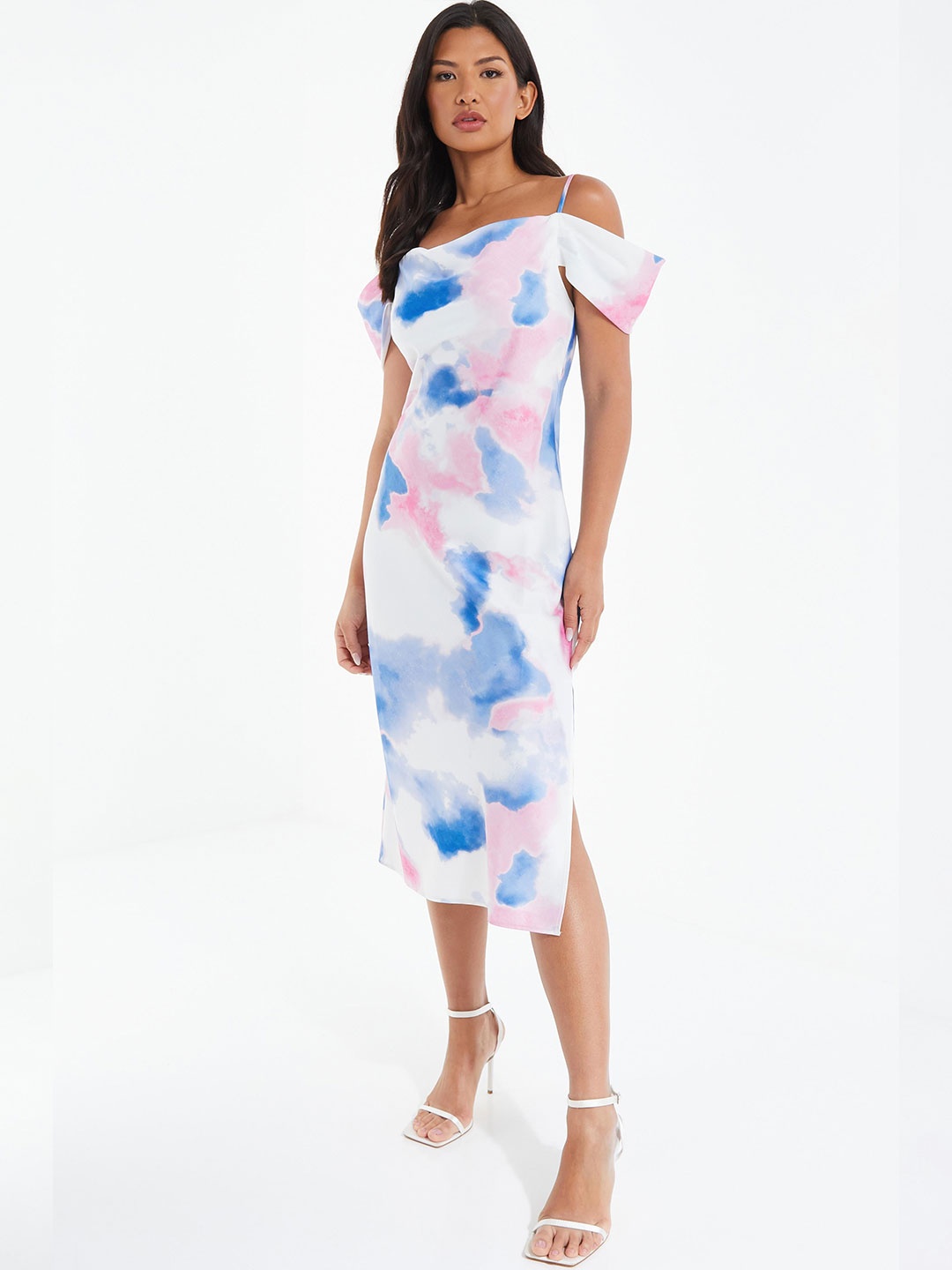 

QUIZ Tie and Dye Dyed Cold-Shoulder Sheath Midi Dress, White