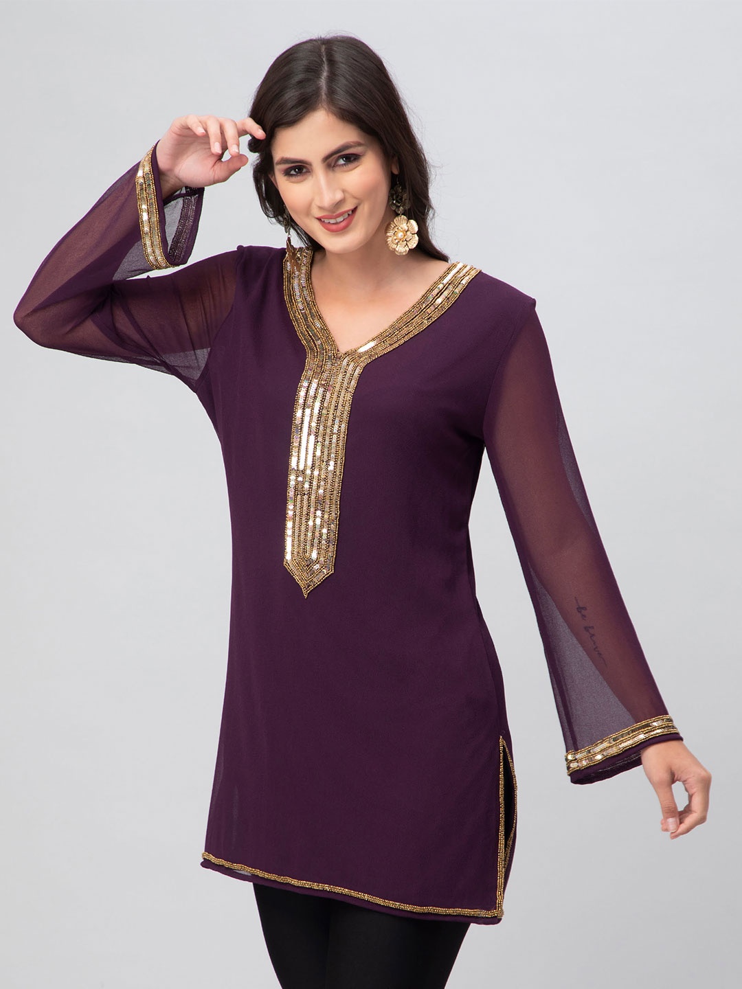 

DEBONATELLA Ethnic Motifs Embellished V-Neck Sequinned Pure Georgette Kurti, Burgundy