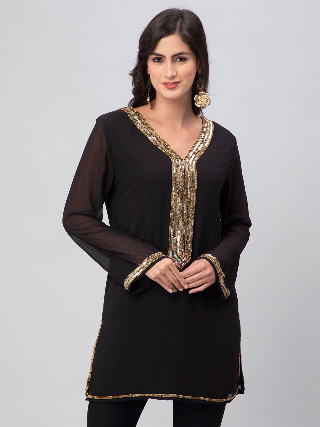 

DEBONATELLA Bandhani Embellished V-Neck Sequinned Pure Georgette Kurti, Black