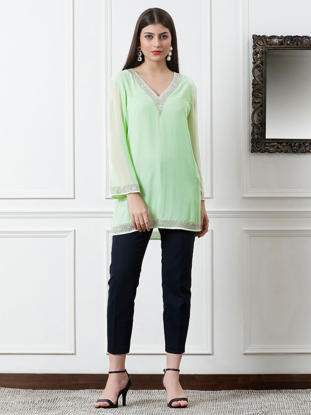 

DEBONATELLA Embellished V-Neck Sequinned Pure Georgette Kurti, Lime green