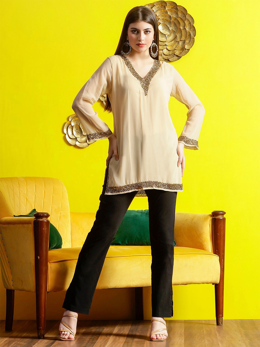 

DEBONATELLA Embellished V-Neck Pure Georgette Kurti, Cream
