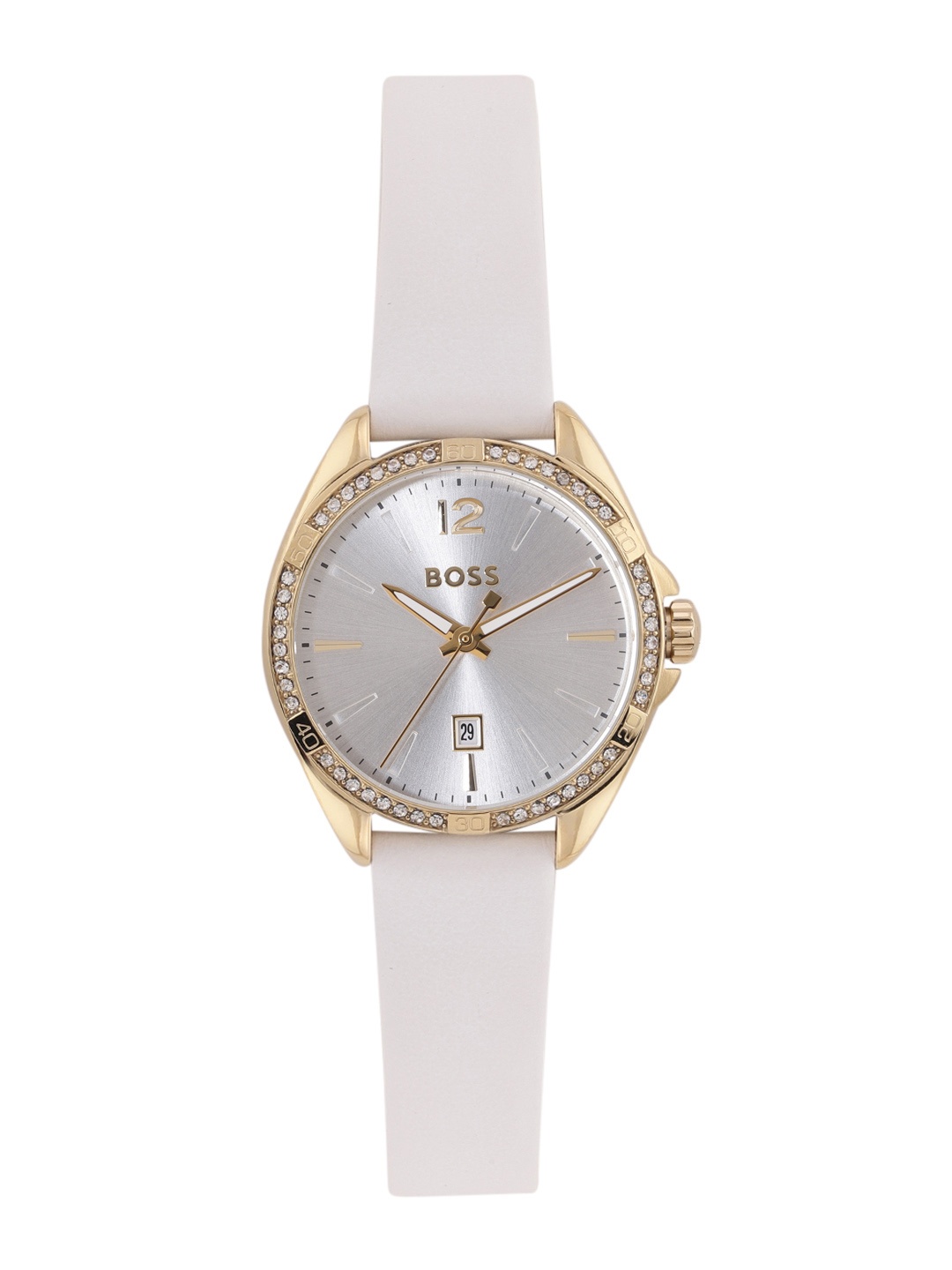 

BOSS Women Felina Embellished Dial & Leather Straps Analogue Watch 1502619, Silver