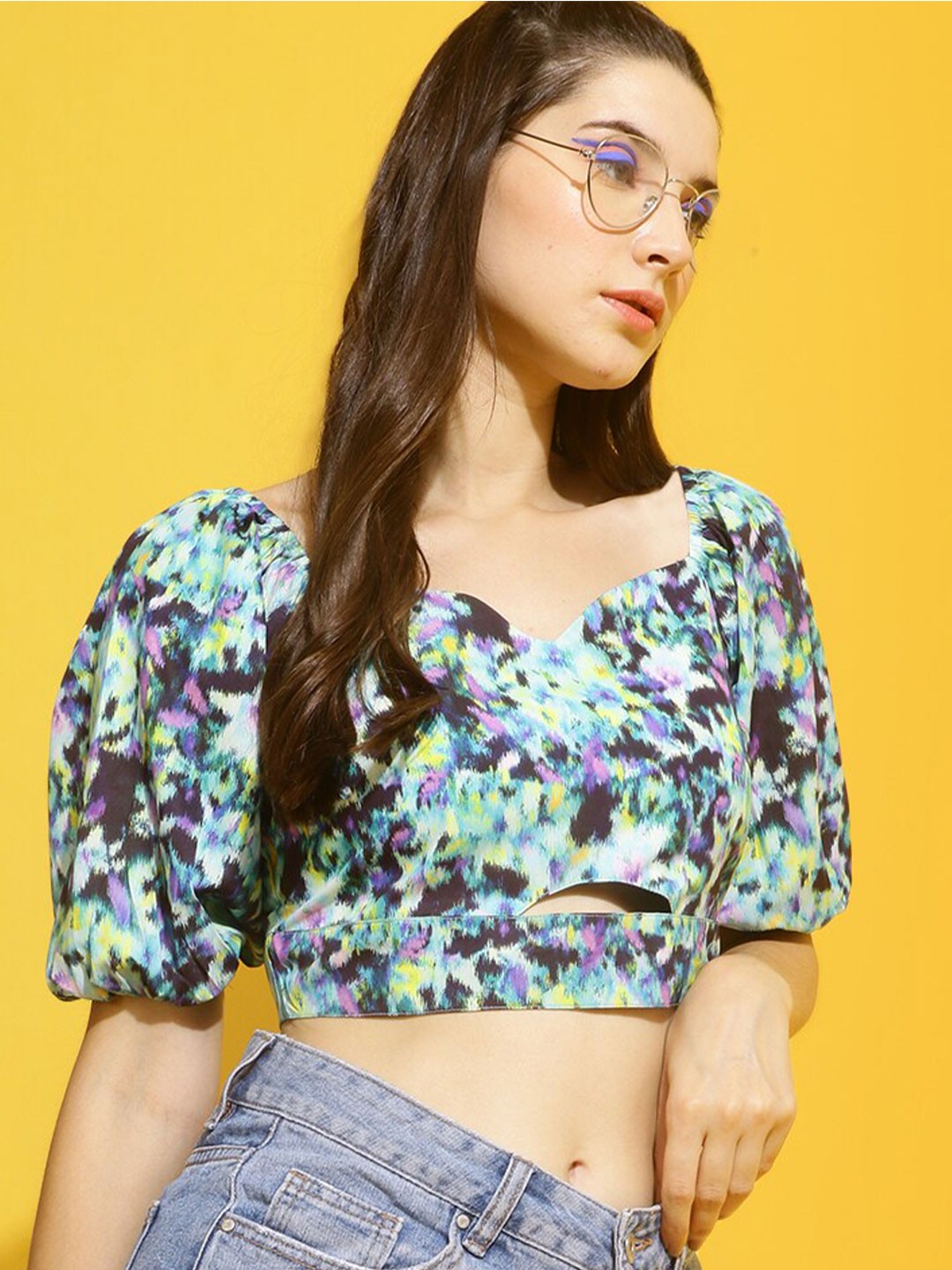 

Mast & Harbour Abstract Printed Puff Sleeves Crop Top, Blue