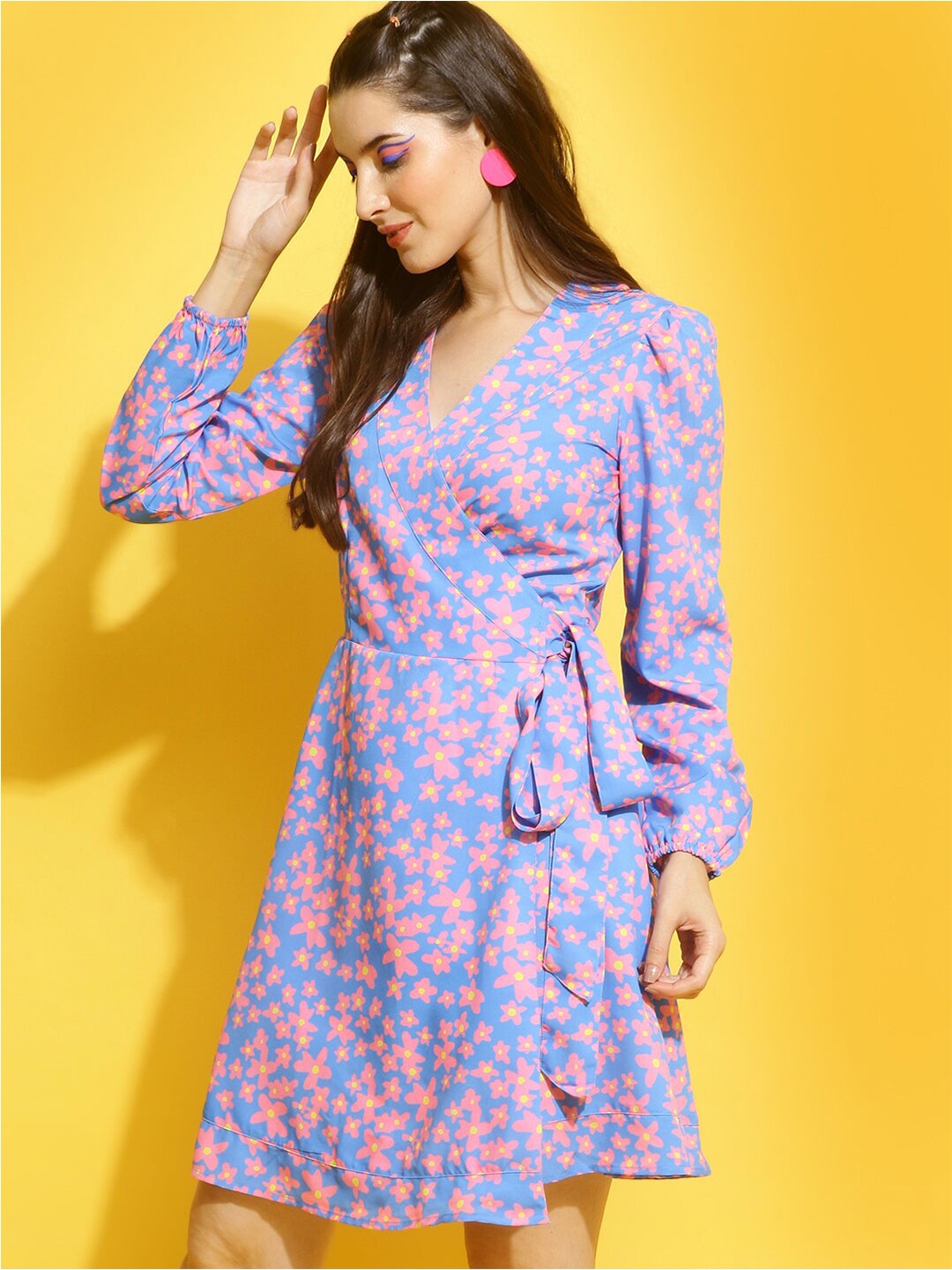 

Mast & Harbour Floral Printed Puff Sleeves Warp Dress, Blue
