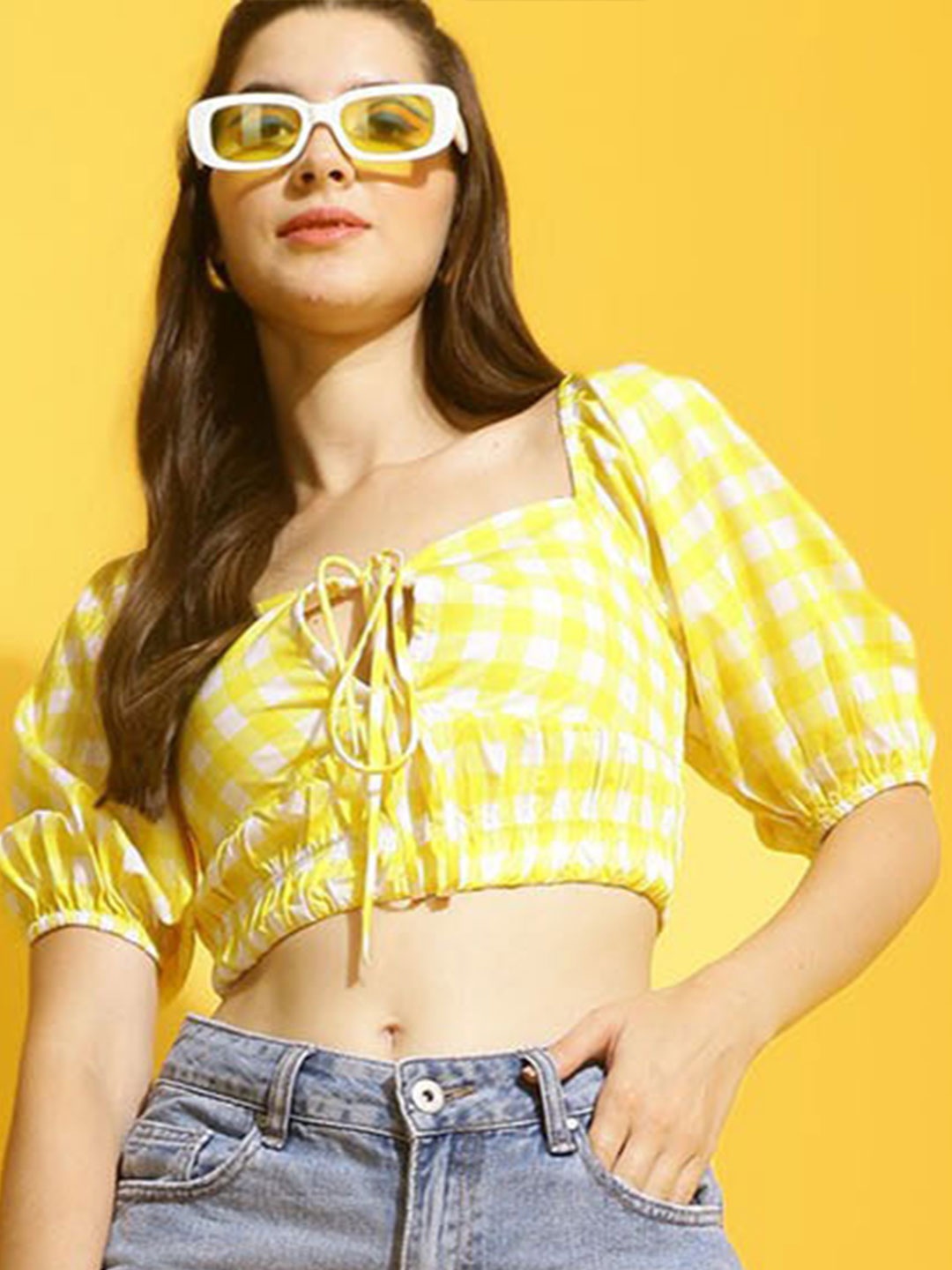 

Mast & Harbour Checked Tie-Up Neck Smocked Fitted Crop Top, Yellow