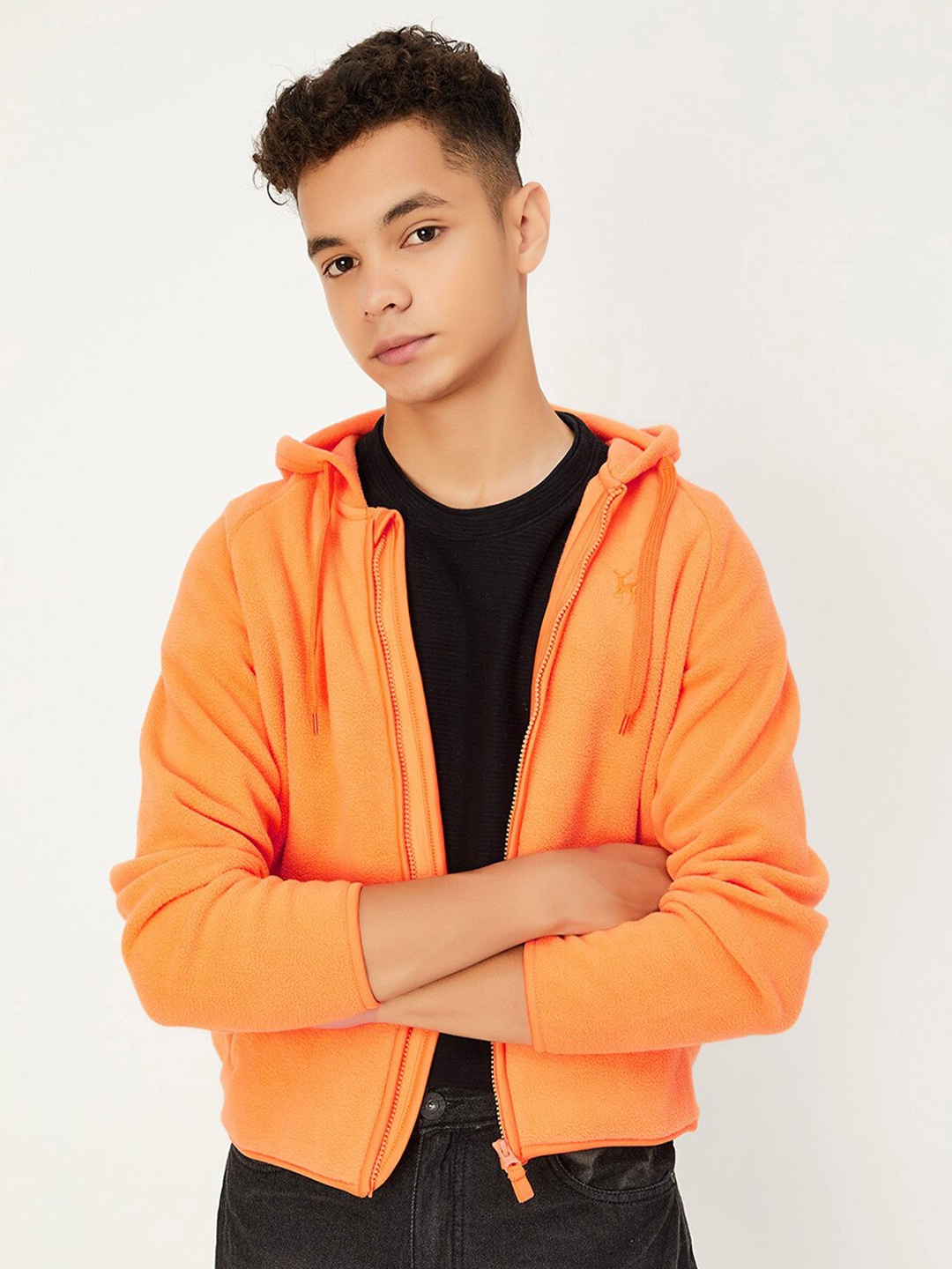 

max Boys Hooded Pure Cotton Front-Open Sweatshirt, Orange