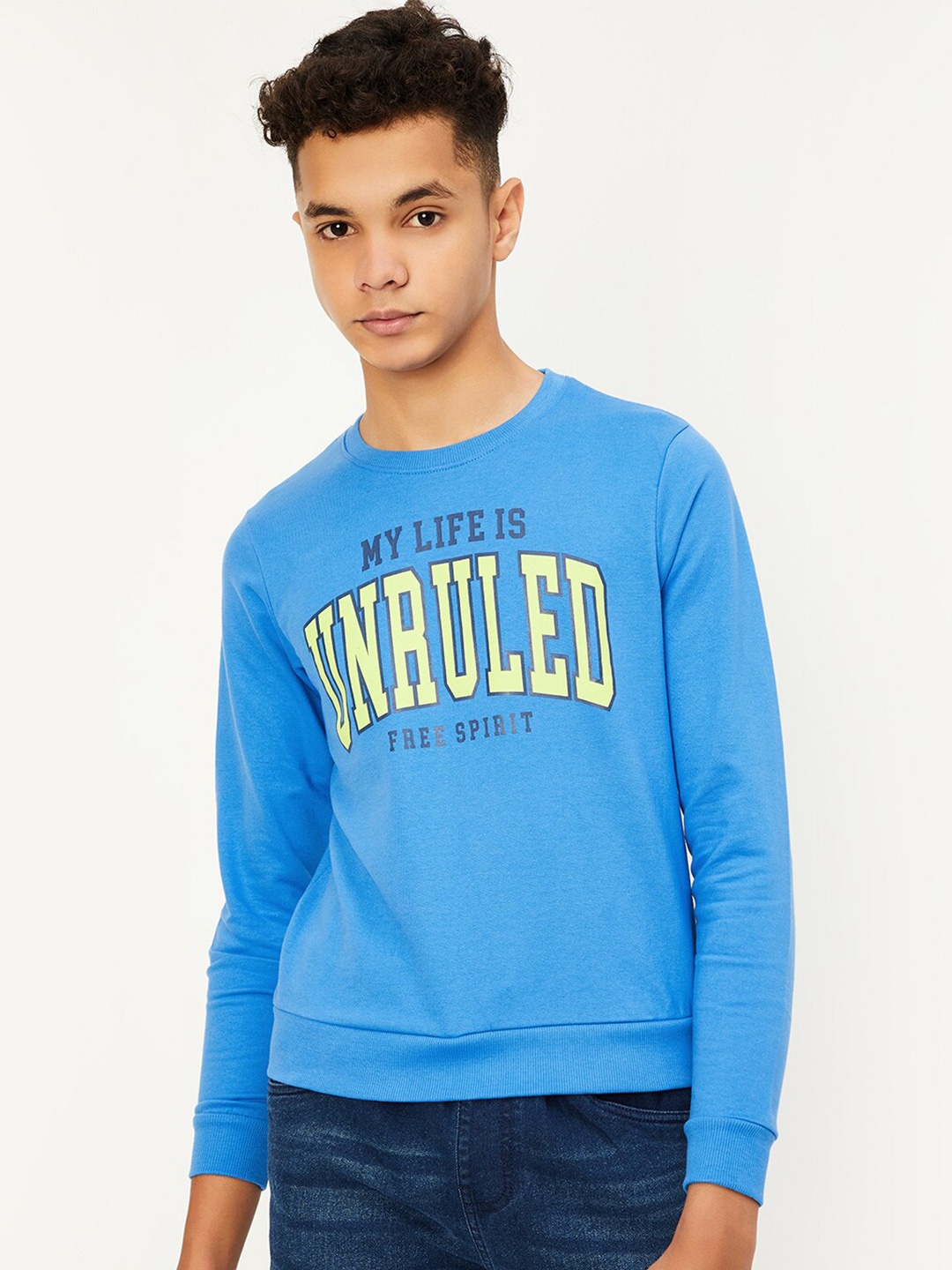 

max Boys Typography Printed Cotton Pullover, Blue