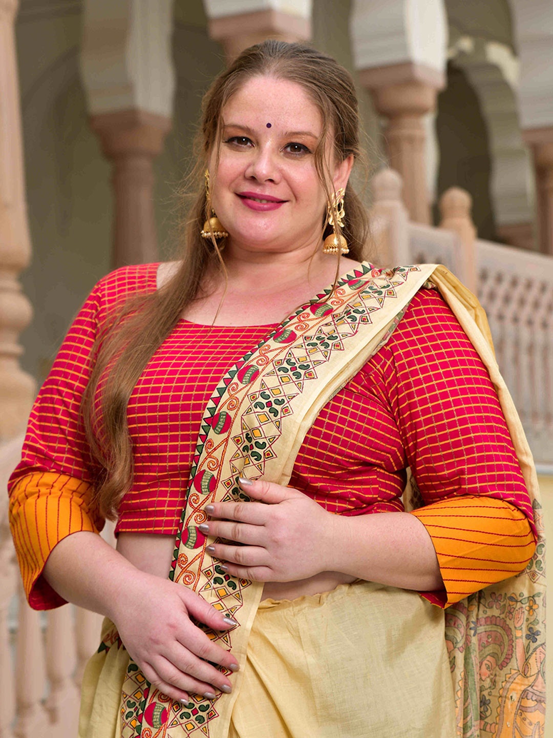 

The Plus Size Store by Meera Creations Plus Size Checked Cotton Readymade Saree Blouse, Pink