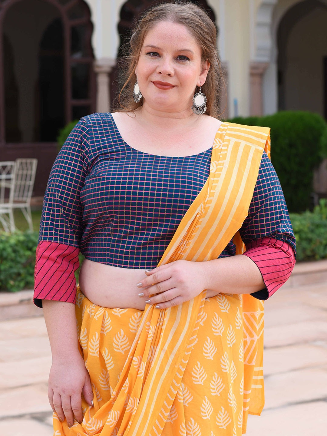 

The Plus Size Store by Meera Creations Plus Size Checked Cotton Readymade Saree Blouse, Navy blue