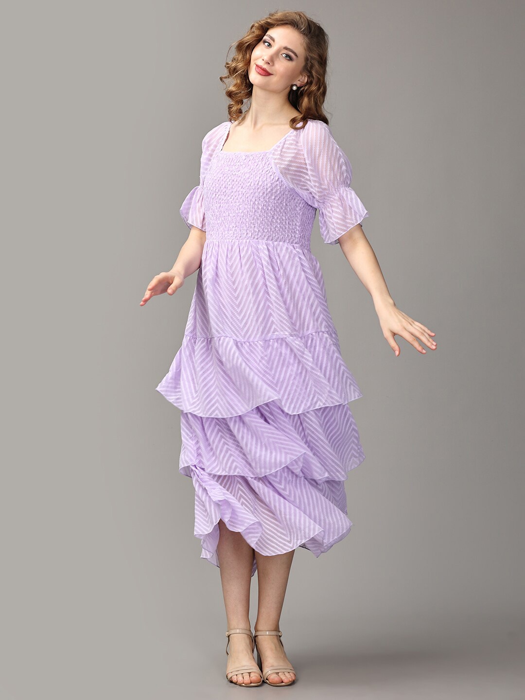 

The Mom Store Maternity Self design Puff Sleeve Layered Midi Dress, Lavender