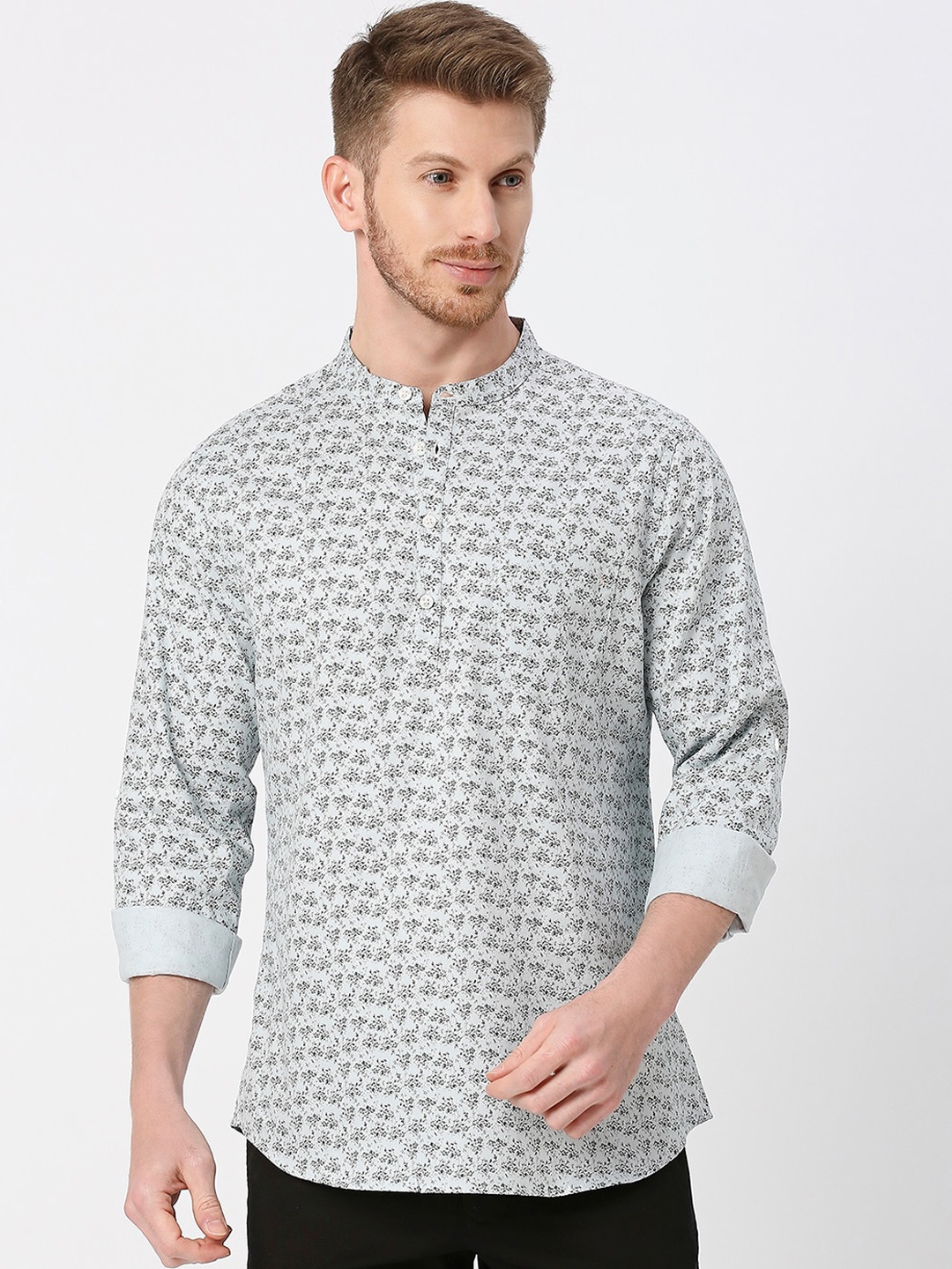 

VALEN CLUB Floral Printed Mandarin Collar Cotton Kurta, Blue