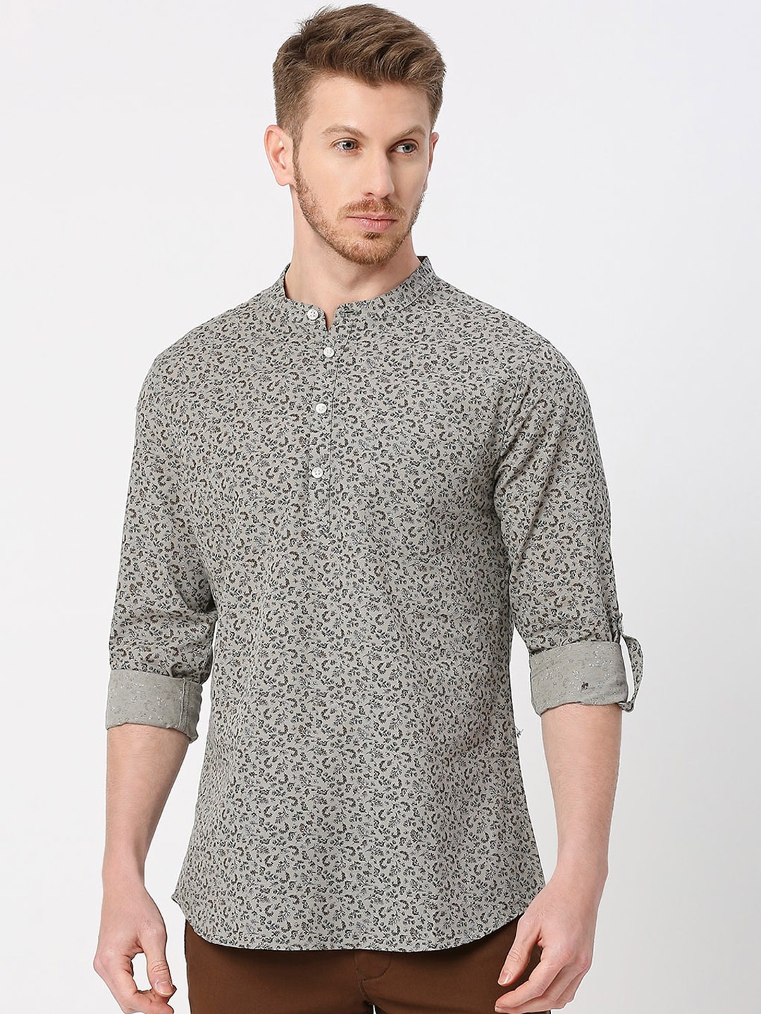 

VALEN CLUB Floral Printed Band Collar Roll Up Sleeves Cotton A-Line Kurta, Grey