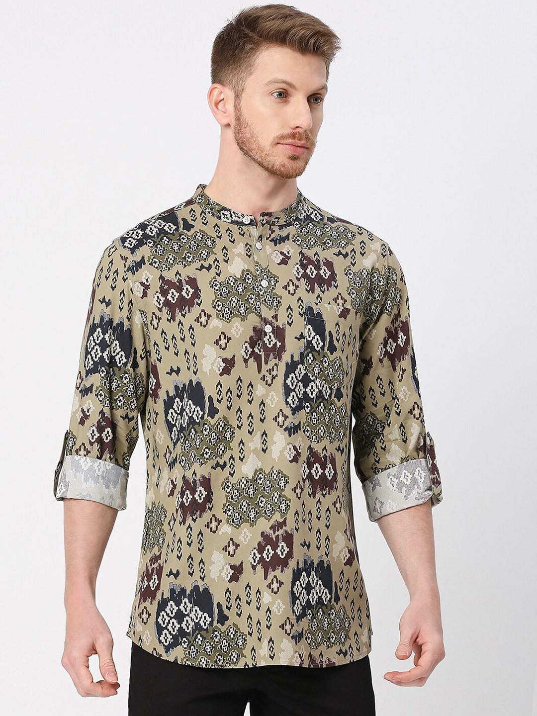 

VALEN CLUB Animal Printed Mandarin Collar Cotton Kurta, Brown