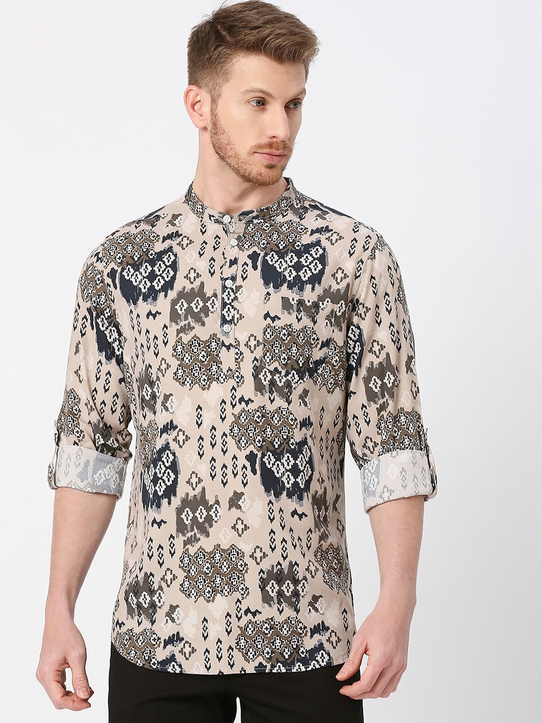 

VALEN CLUB Abstract Printed Band Collar Roll Up Sleeves Cotton A-Line Kurta, Beige