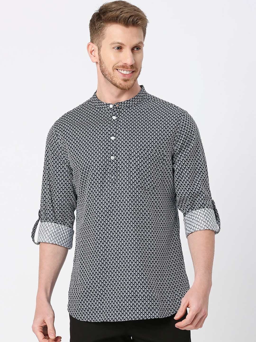 

VALEN CLUB Floral Printed Band Collar Roll Up Sleeves Cotton A-Line Kurta, Navy blue