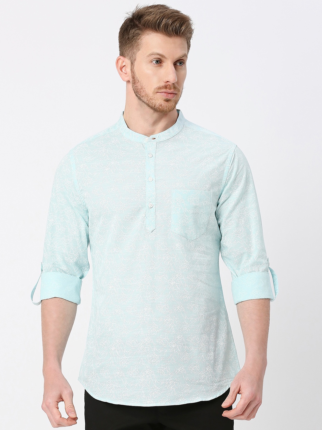 

VALEN CLUB Floral Printed Mandarin Collar Cotton Kurta, Blue