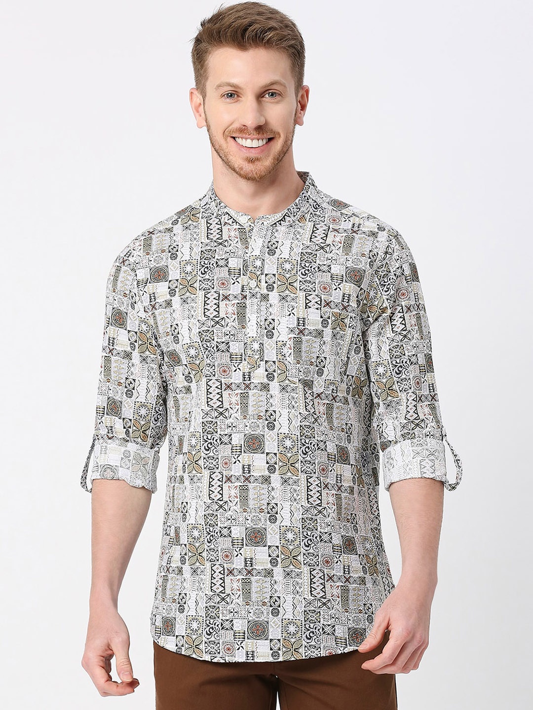 

VALEN CLUB Abstract Printed Band Collar Roll Up Sleeves A-Line Kurta, White