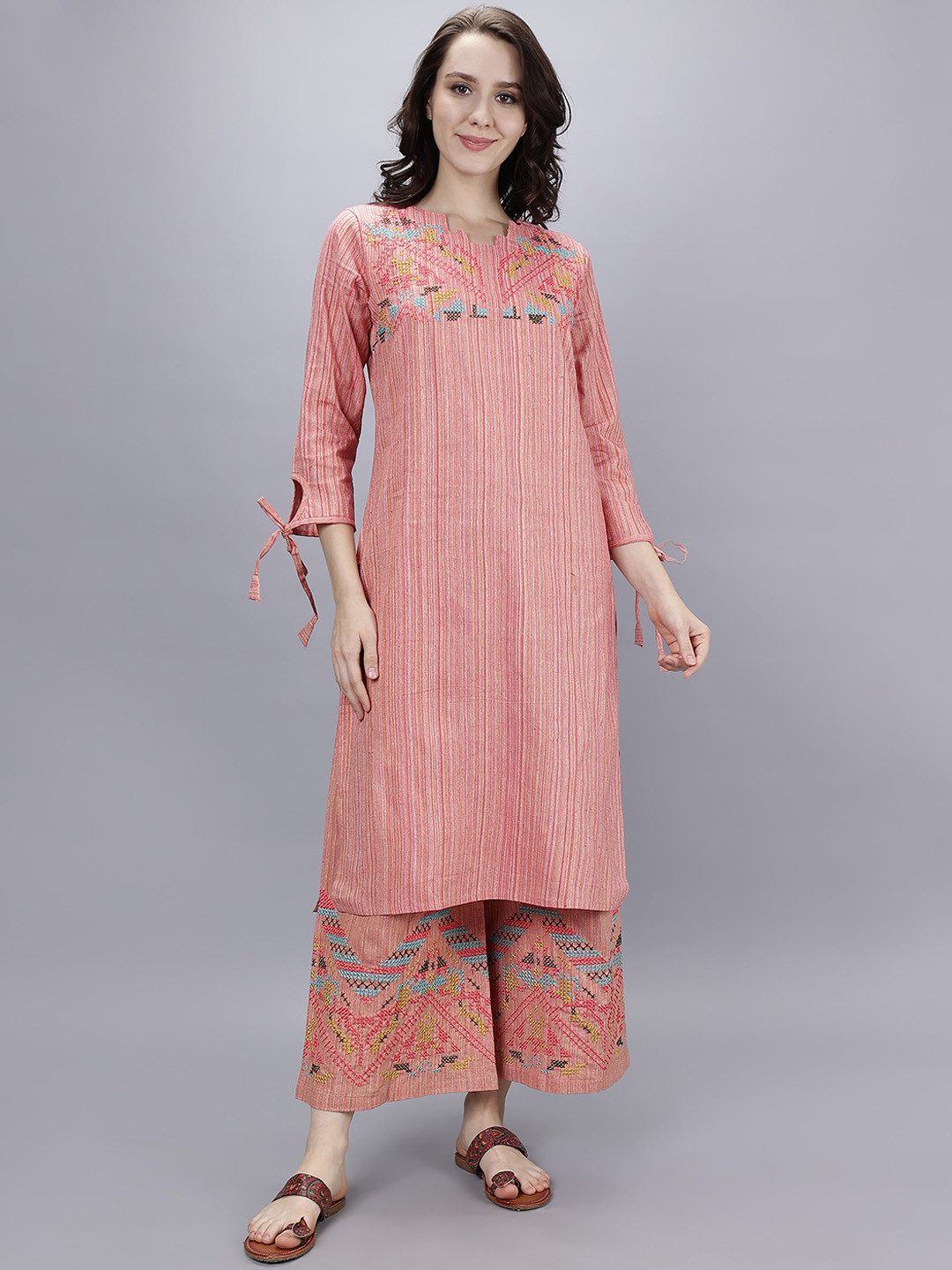 

Cot'N Soft Floral Embroidered Thread Work Regular Pure Cotton Kurta with Palazzos, Pink