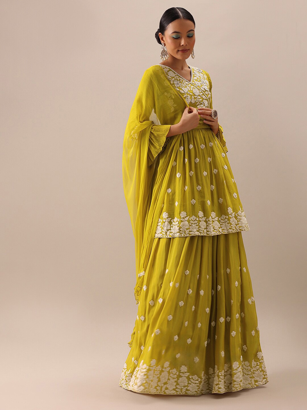 

KALKI Fashion Floral Embroidered Ready to Wear Lehenga & Blouse With Dupatta, Yellow