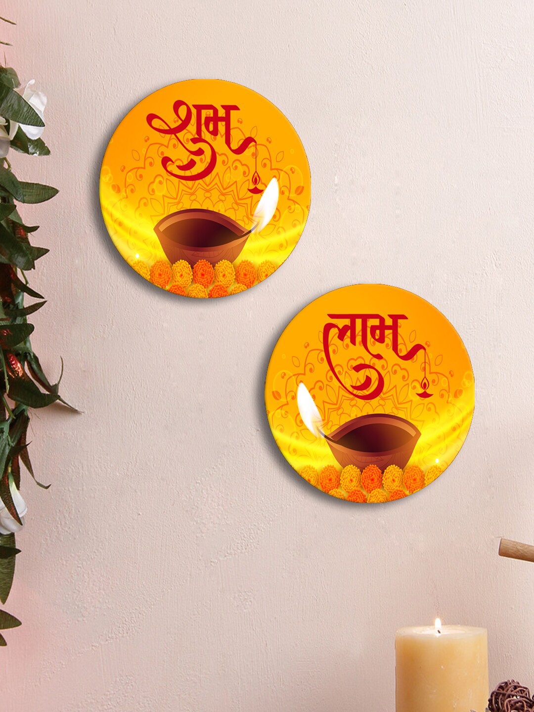 

999Store Orange & Yellow 2 Pieces Shubh Labh Painted Round Shape Rangoli Stickers
