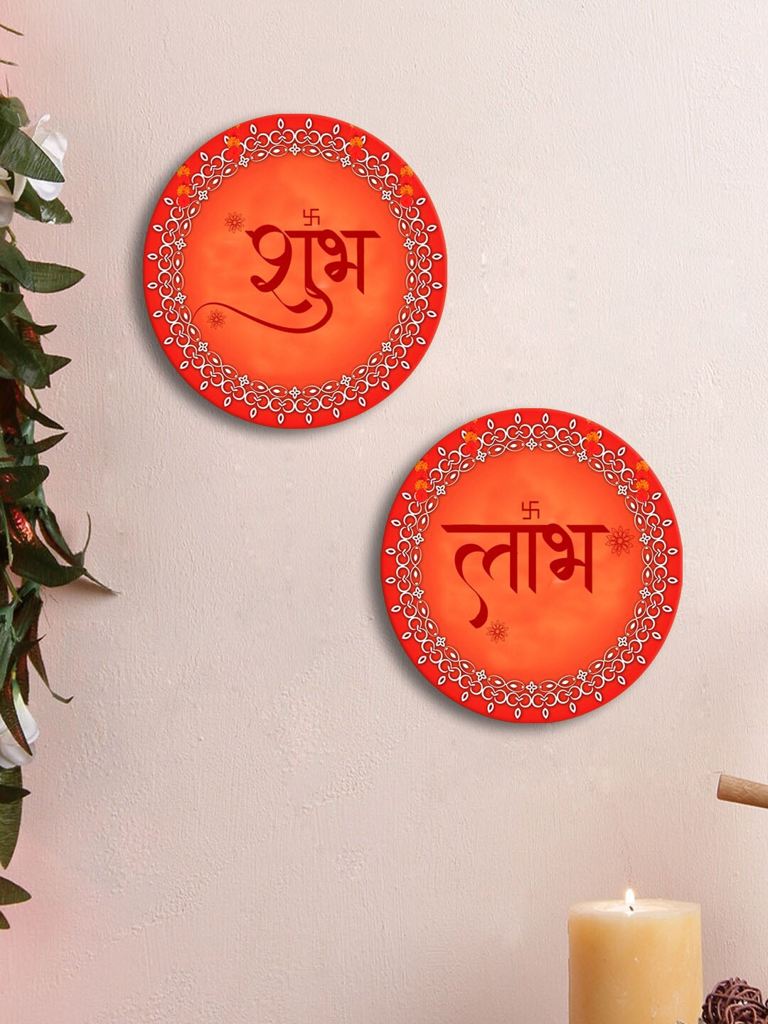 

999Store Orange 2 Pieces Shubh Labh Printed Round Shape Wall Decor