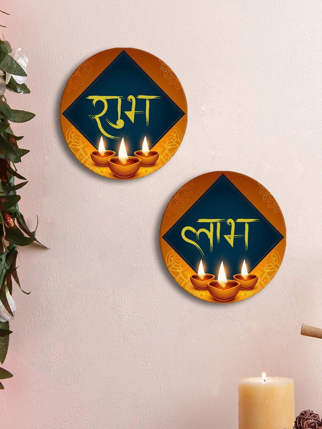 

999Store Blue & Brown 2 Pieces Shubh Labh Printed Round Shape Wall Decor
