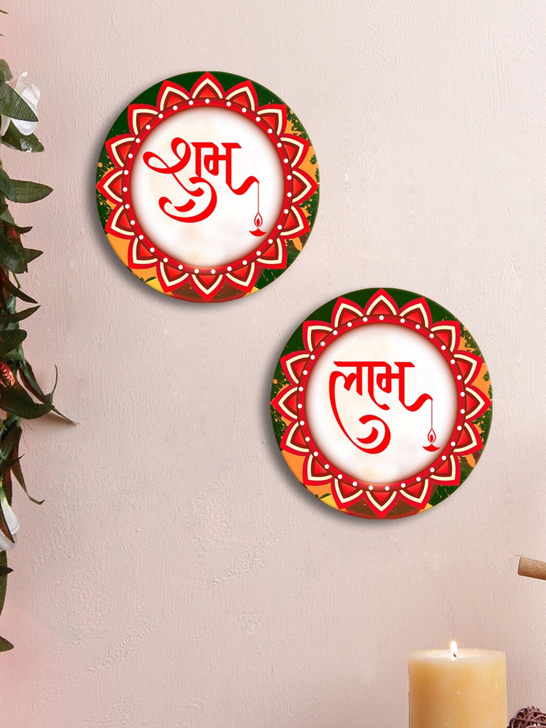 

999Store White & Red 2 Pieces Shubh Labh Printed Round Shape Wall Decor