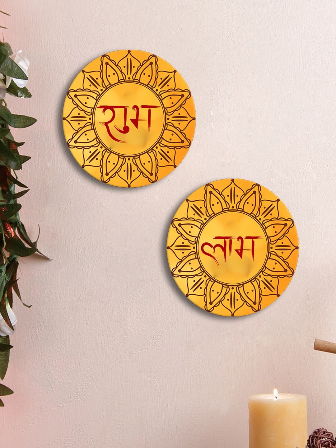 

999Store Yellow & Red 2 Pieces Shubh Labh Printed Round Shape Wall Decor