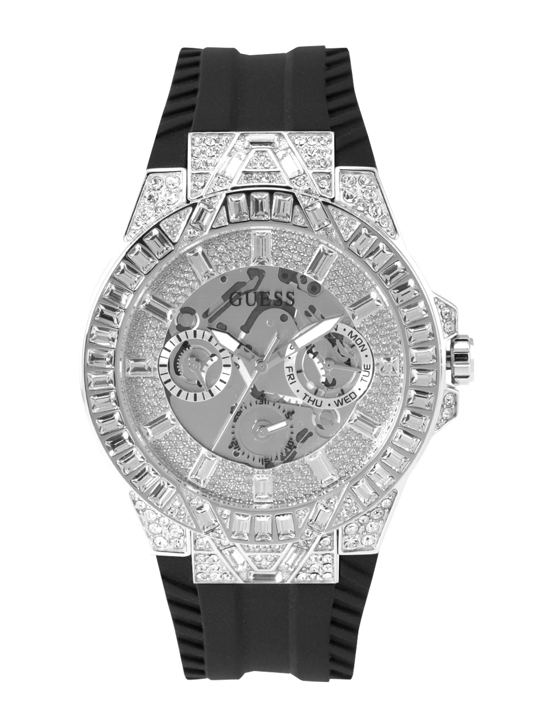 

GUESS Men Dynasty Skeleton Dial Analogue Multi Function Watch GW0498G1, Silver