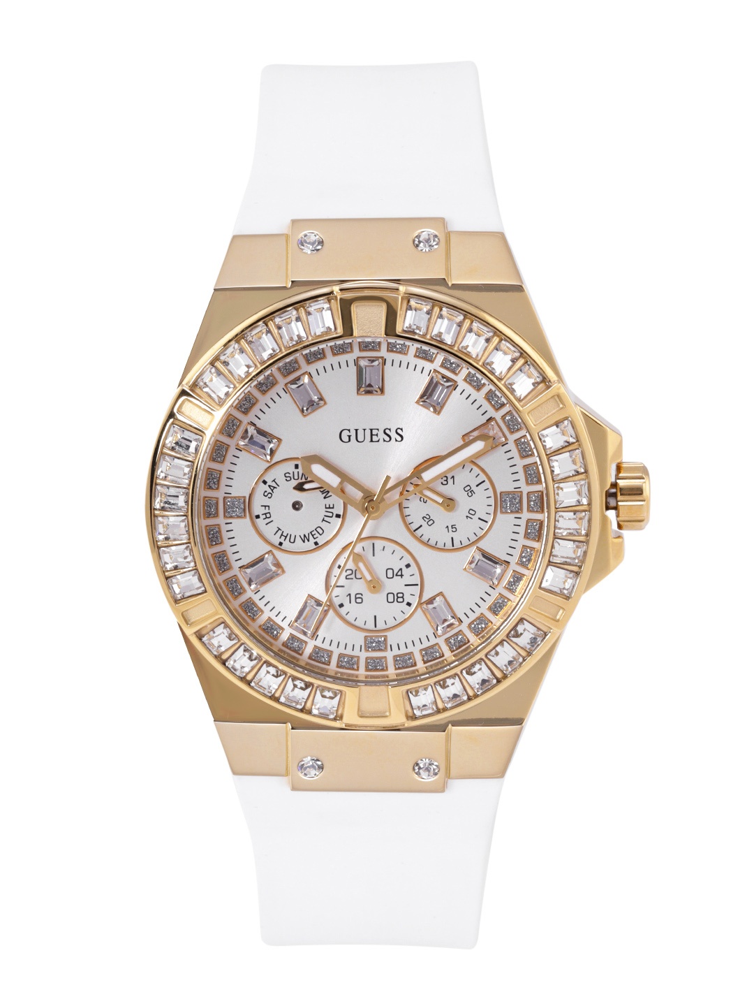 

GUESS Women White Embellished Dial & White Straps Analogue Multi Function Watch