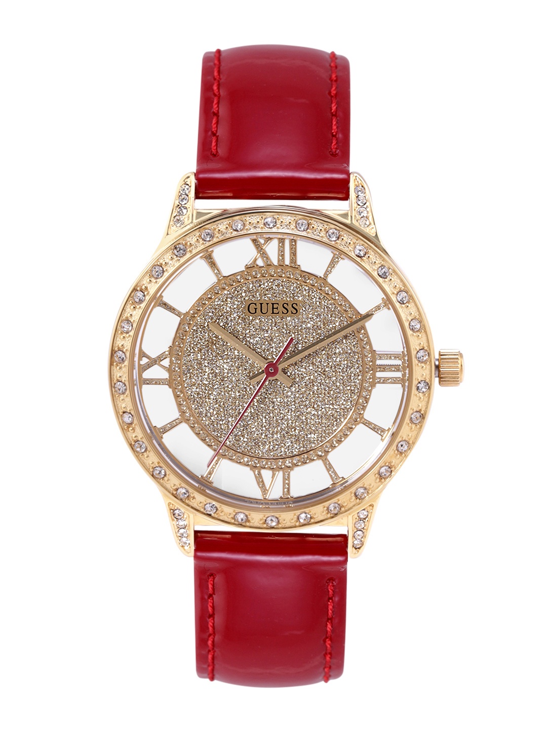 

GUESS Women Ethereal Embellished Dial & Leather Straps Analogue Watch GW0436L1, Gold