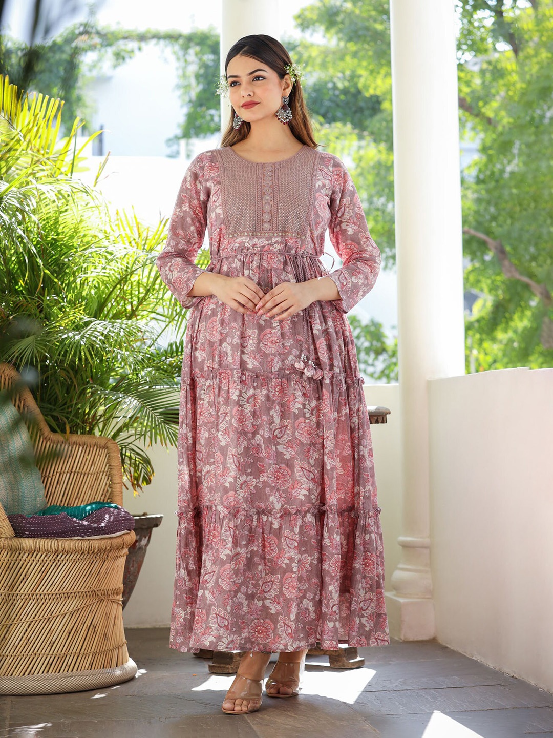 

FASHION DWAR Ethnic Motifs Printed Pure Cotton Maxi Ethnic Dress, Purple