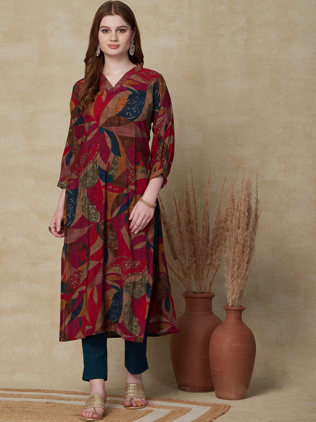 

FASHOR Rust Abstract Printed Straight Kurta