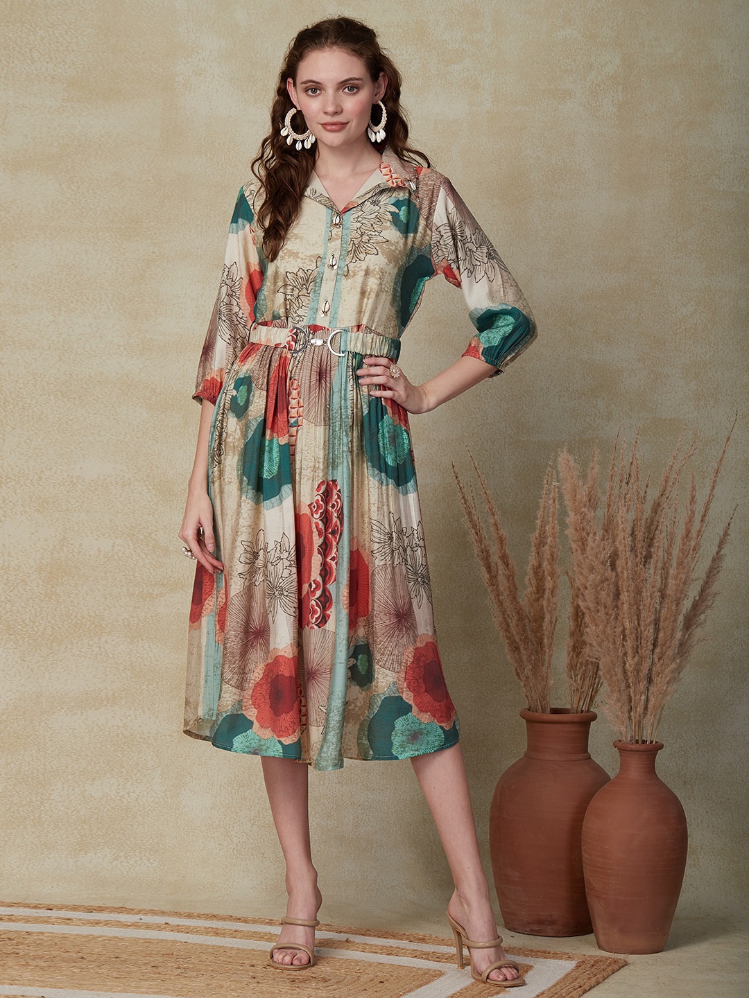 

FASHOR Absatrct Printed Shirt Collar Belted A-Line Midi Dress, Beige
