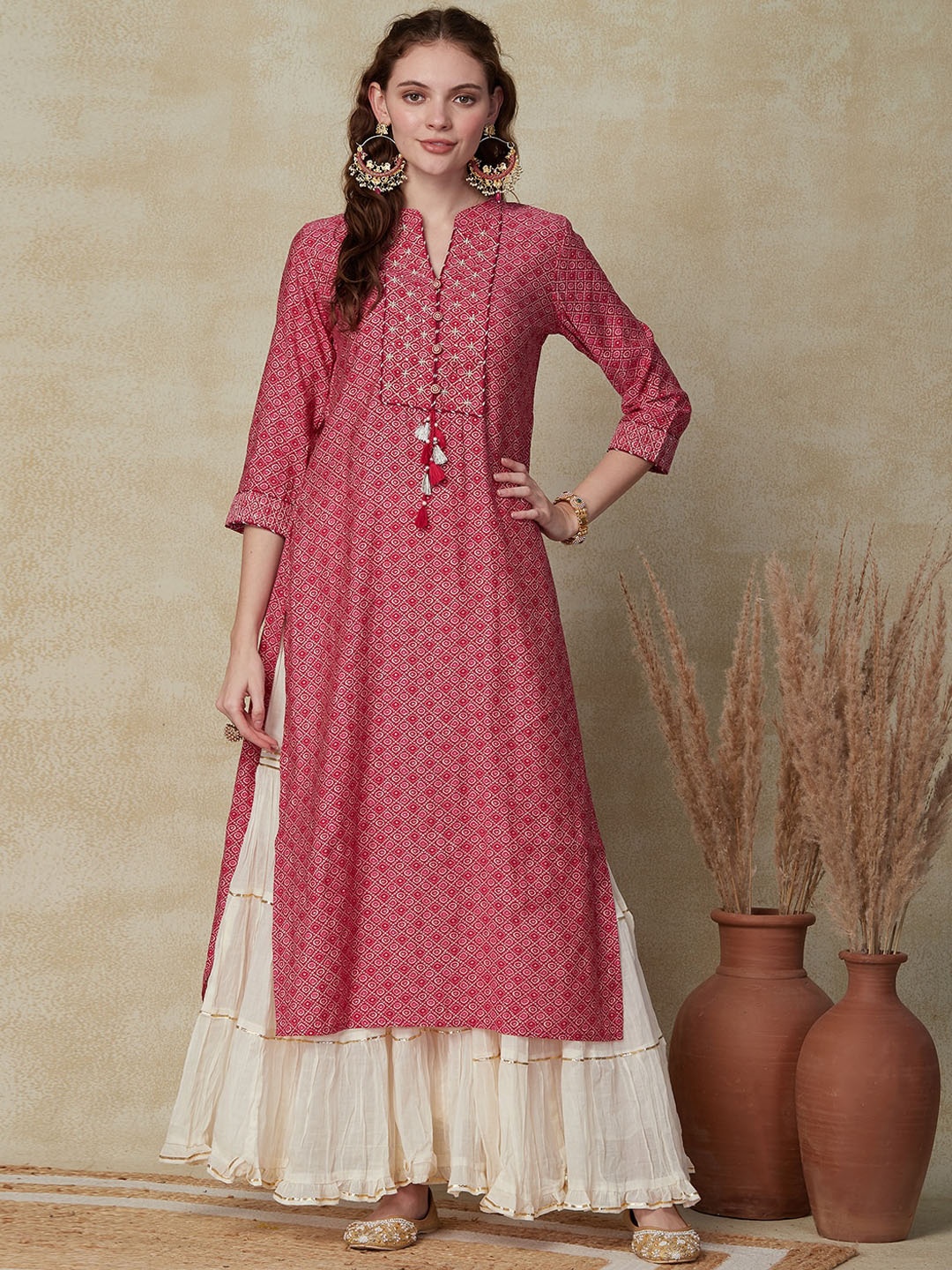 

FASHOR Pink Ethnic Motif Printed Straight Kurta