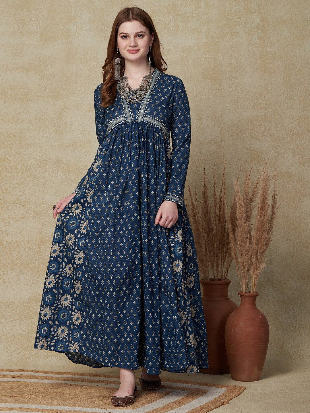 

FASHOR Floral Printed Mock Collar Gathered Cotton Fit & Flare Maxi Ethnic Dress, Blue