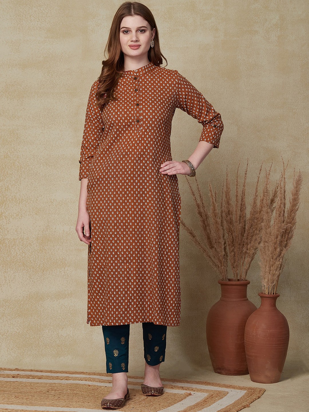 

FASHOR Rust Abstract Printed Pure Cotton Straight Kurta