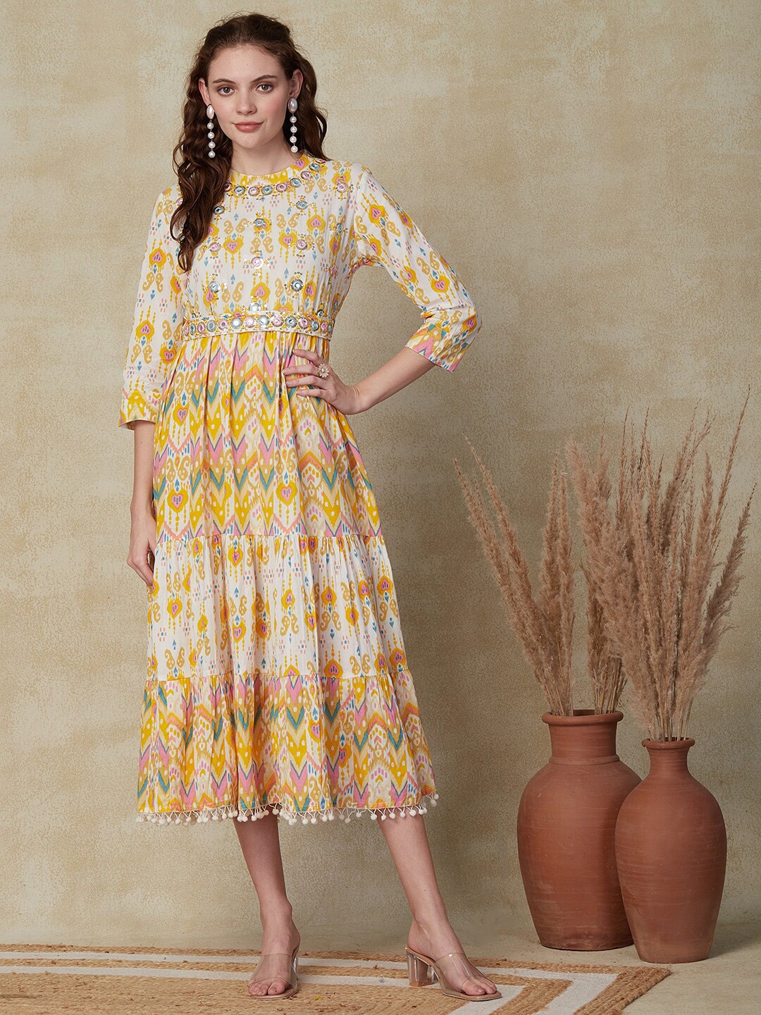 

FASHOR Ethnic Motifs Printed A-Line Ethnic Dress, Yellow