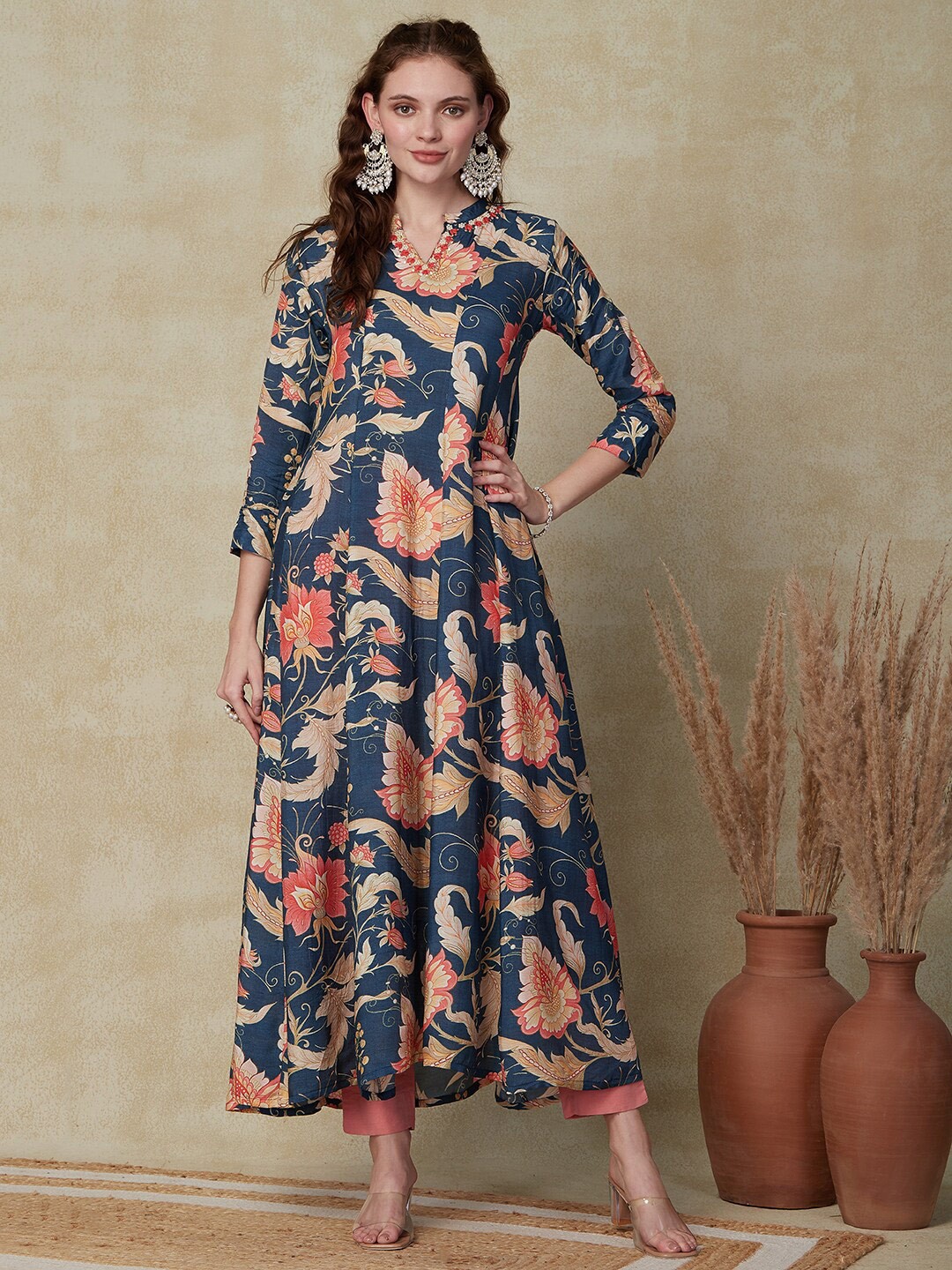 

FASHOR Floral Printed Thread Work A-Line Kurta, Blue